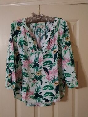 LOFT White Tropical Floral V-Neck Blouse with Pink & Green